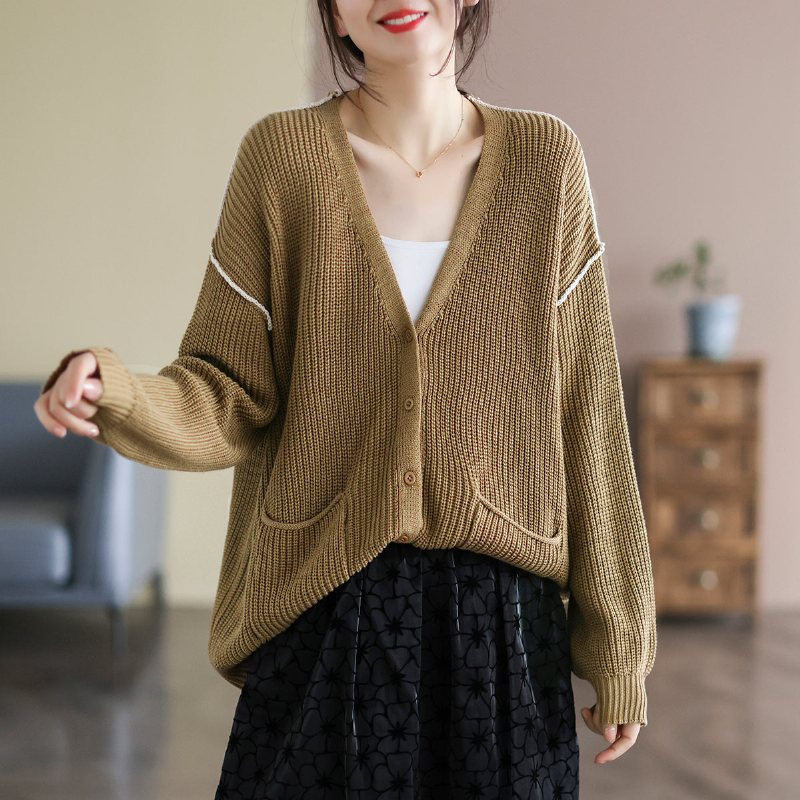 Dame Retro Bomull Strikket Vårløs Cardigan