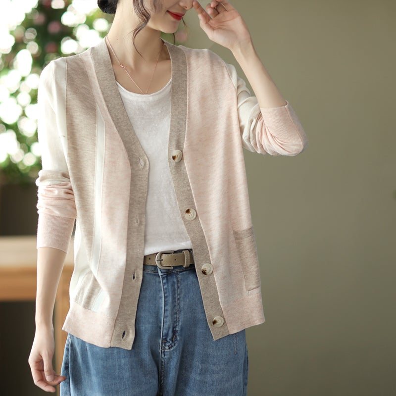 Dame Spring Retro Casual Cotton Strikket Cardigan