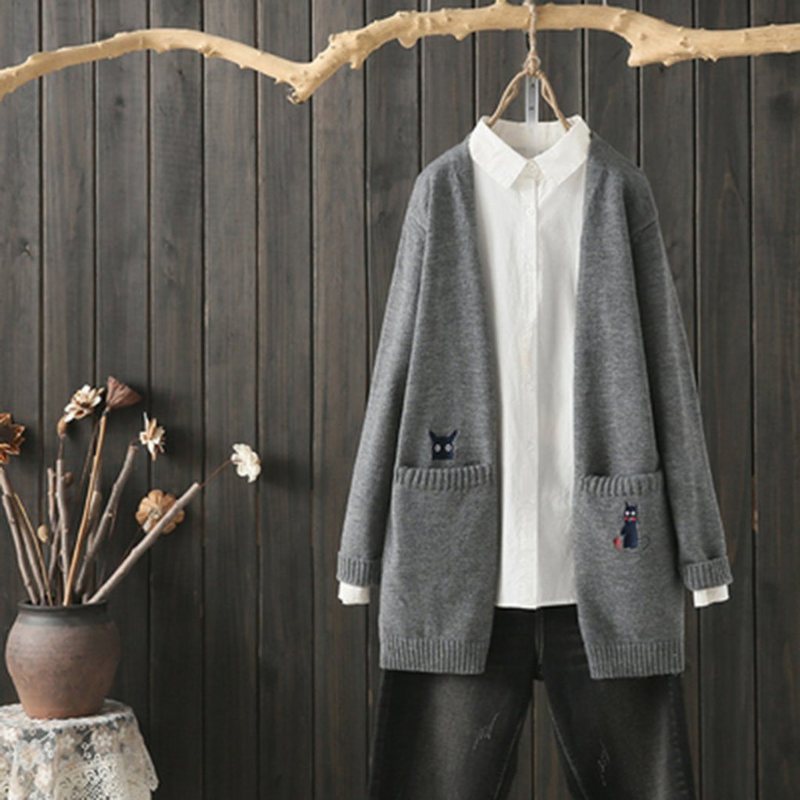 Løs Casual Brodery Strikket Cardigan Frakk Frakk