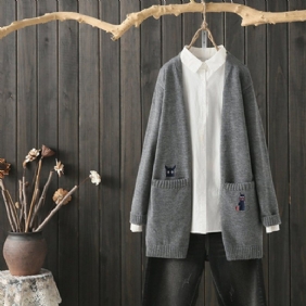 Løs Casual Brodery Strikket Cardigan Frakk Frakk