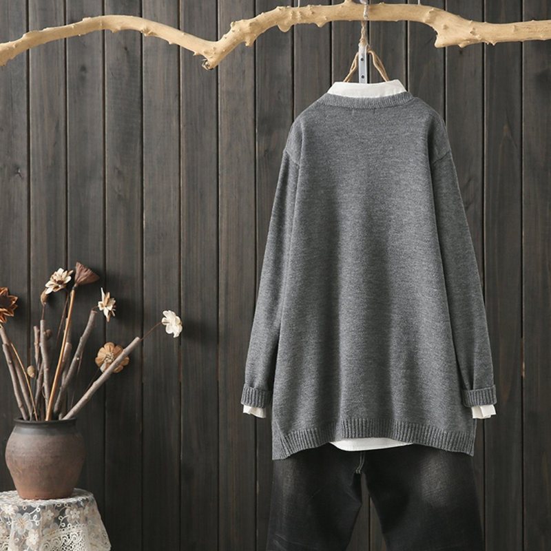 Løs Casual Brodery Strikket Cardigan Frakk Frakk