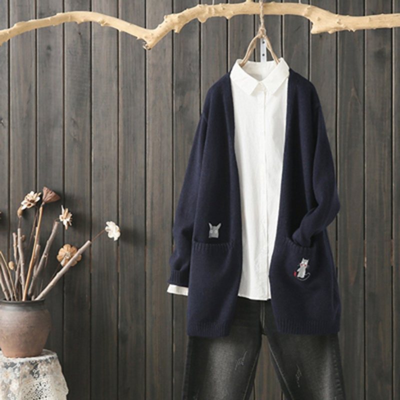 Løs Casual Brodery Strikket Cardigan Frakk Frakk