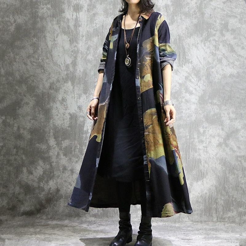 Vintage Cotton Lin Printed Loose Long Cardigan Frakk