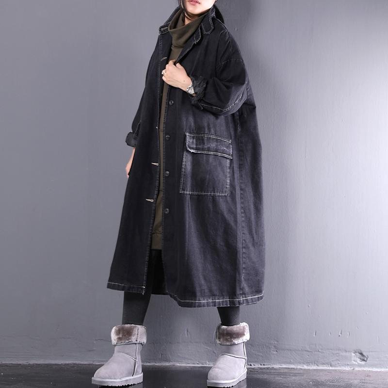 Black Loose Plus Size Retro Denim Bomullsfrakk