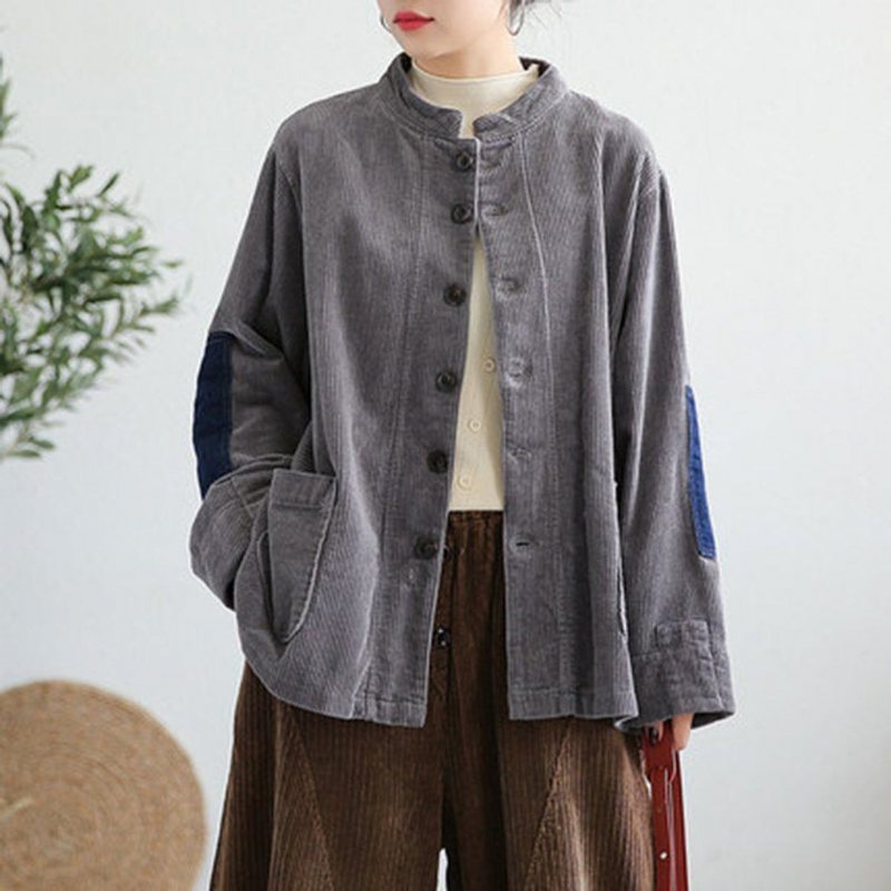 Cordduroy Patchwork Stand Collar Frakk