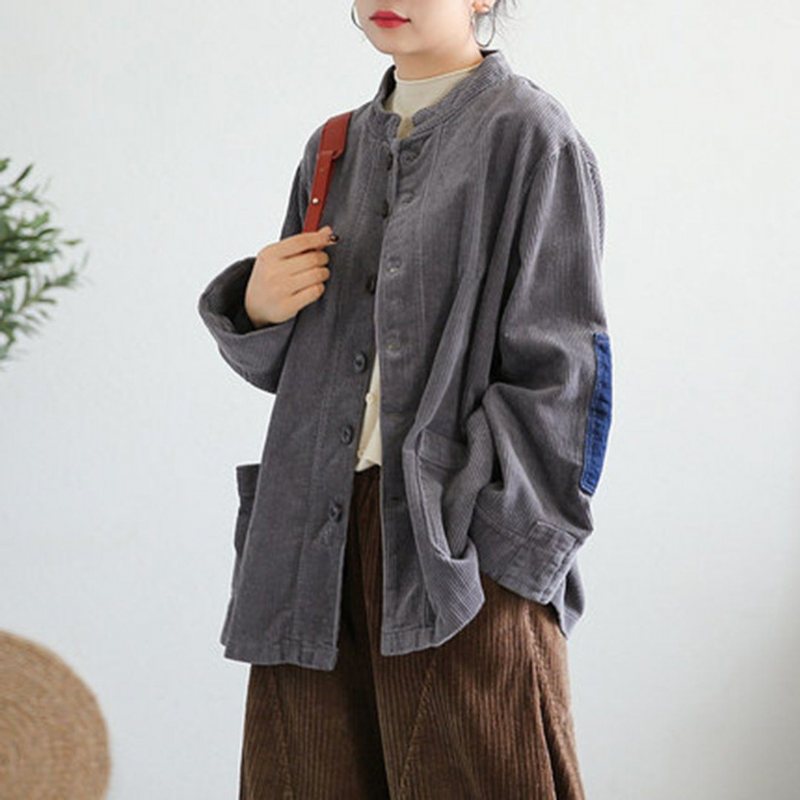 Cordduroy Patchwork Stand Collar Frakk