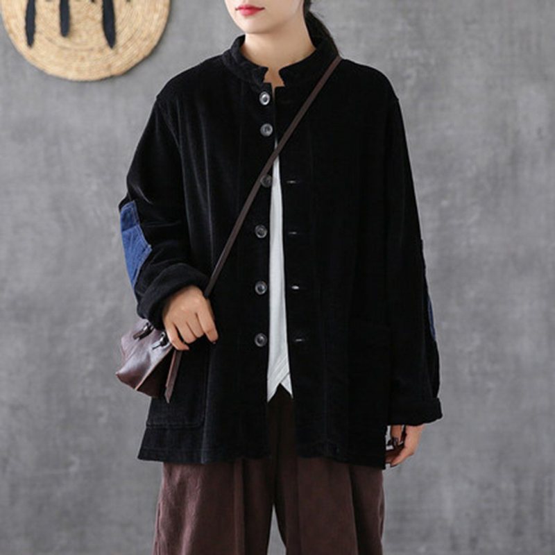 Cordduroy Patchwork Stand Collar Frakk