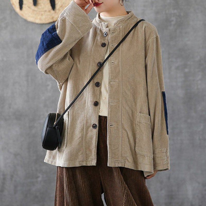 Cordduroy Patchwork Stand Collar Frakk