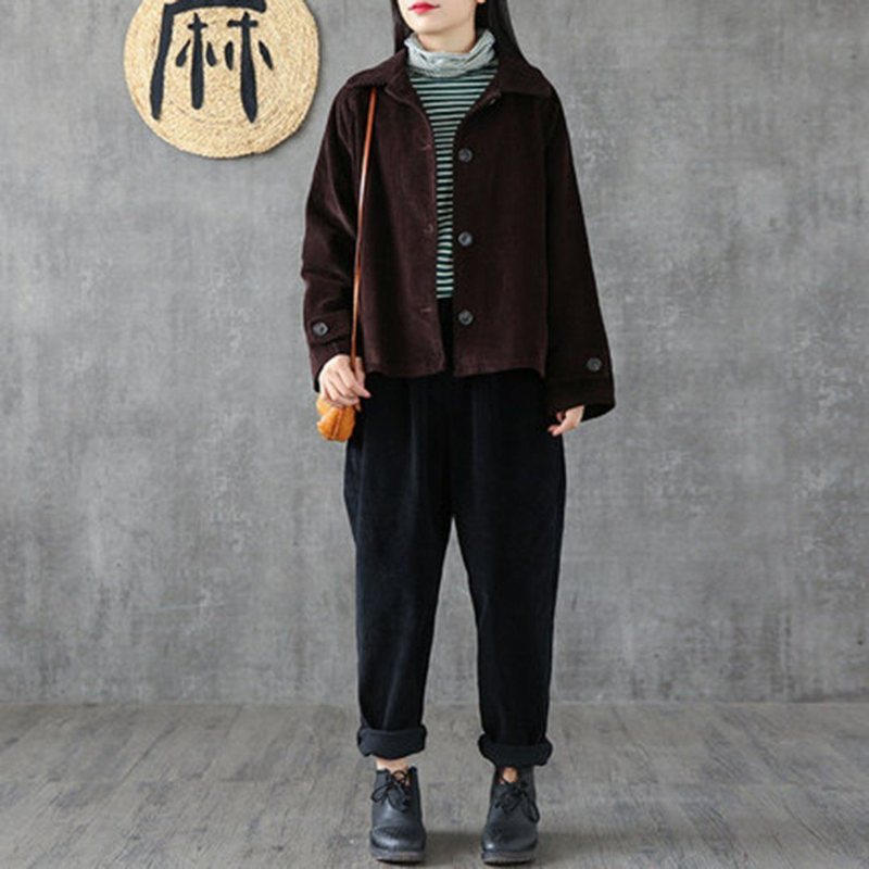 Corduroy Vintage Casual Loose Fit Frakk Dame