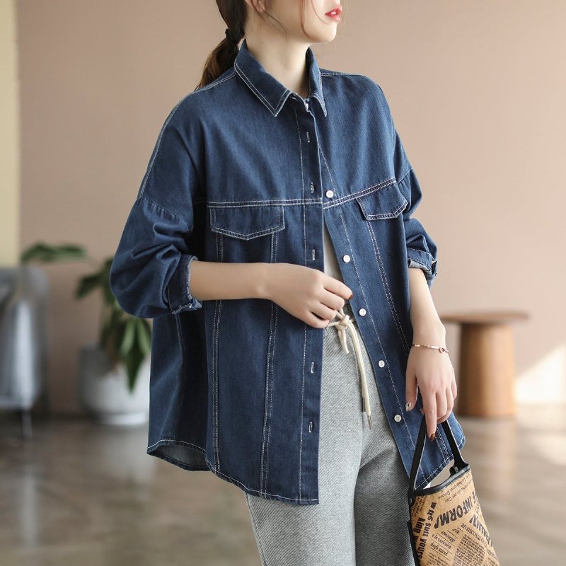 Dame Retro Plus Size Løs Denimjakke I Bomull