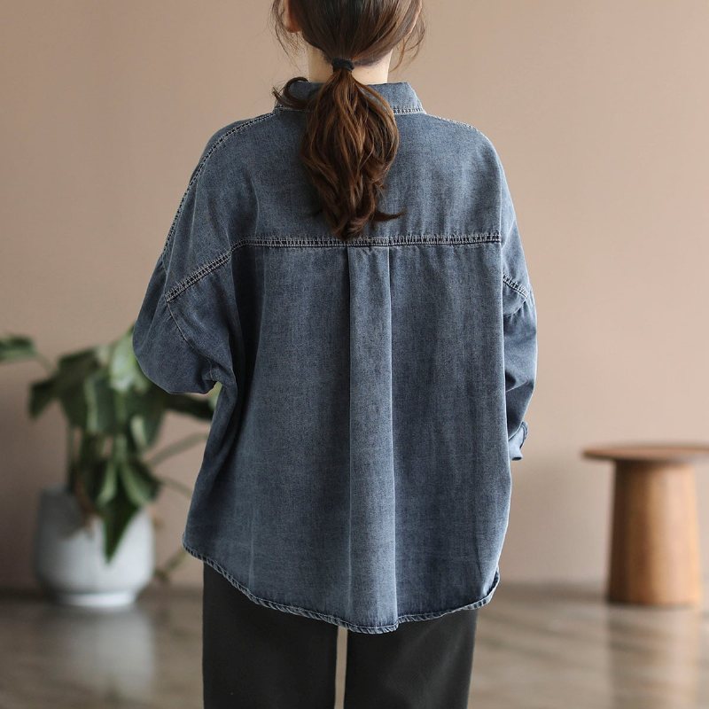 Dame Retro Plus Size Løs Denimjakke I Bomull