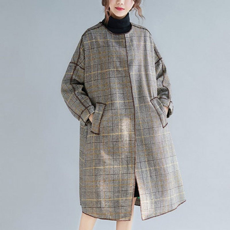 Plus Size Plaid Turn Down Collar Windbreaker Frakk