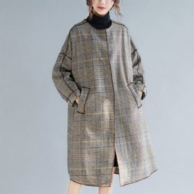 Plus Size Plaid Turn Down Collar Windbreaker Frakk