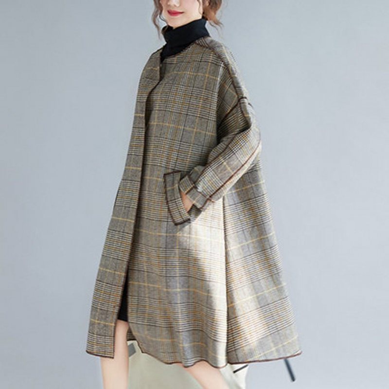 Plus Size Plaid Turn Down Collar Windbreaker Frakk