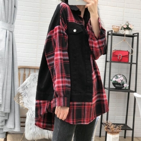 Plus Size Vår Høst Plaid Løs Cotton Denim Frakk