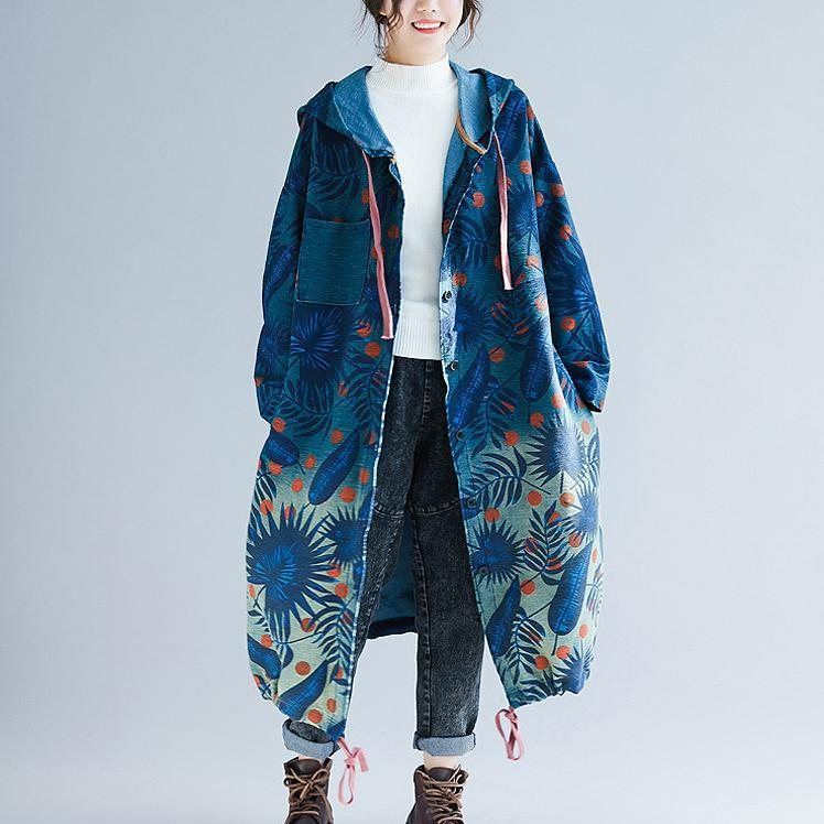 Retro Long Section Printing Løs Hette Denim Windbreaker Frakk