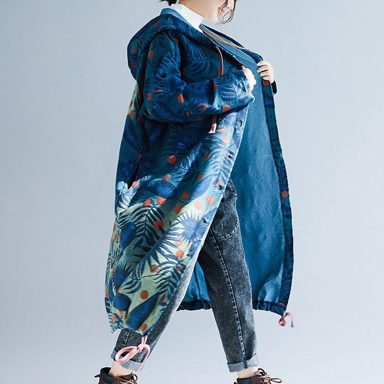 Retro Long Section Printing Løs Hette Denim Windbreaker Frakk