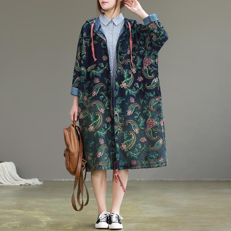 Spring Print Lang Casual Retro Hette Windbreaker Damejakke