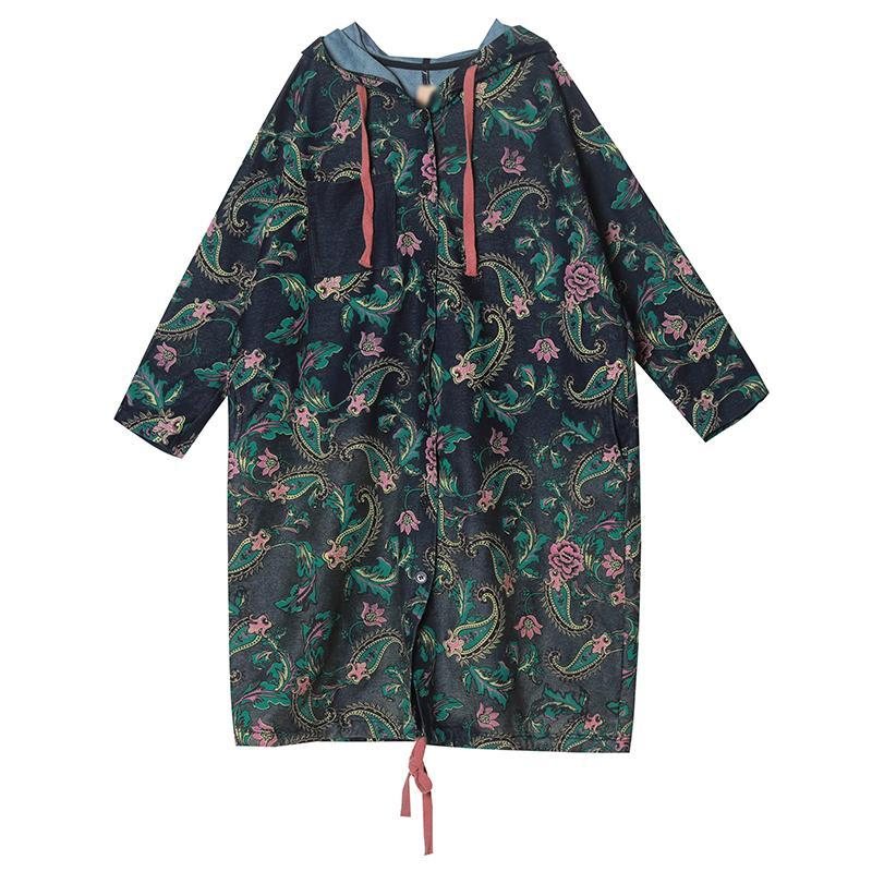 Spring Print Lang Casual Retro Hette Windbreaker Damejakke