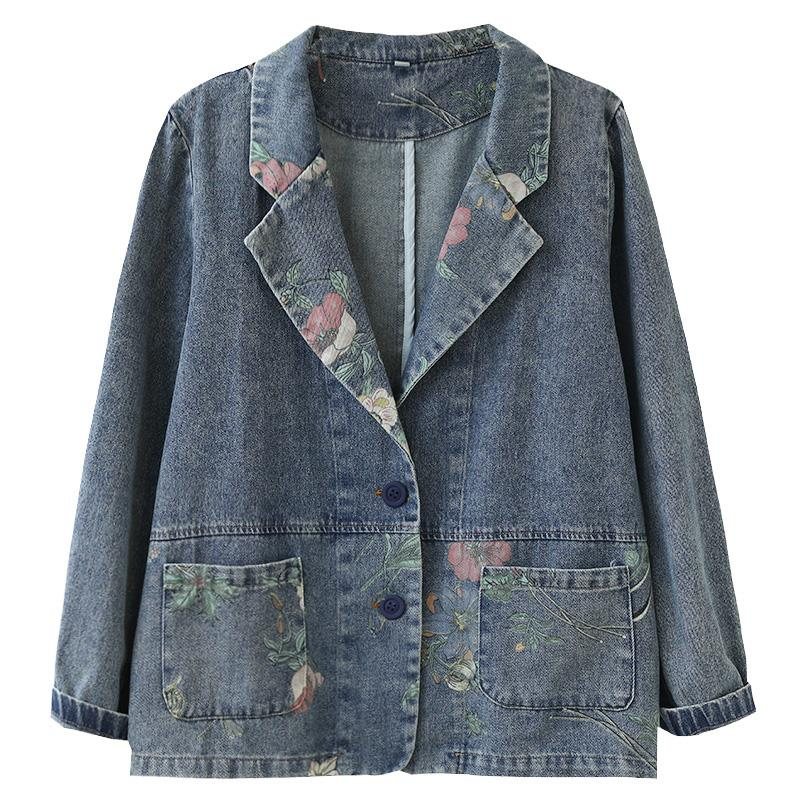 Vår Høst Retro Patchwork Floral Cotton Denim Dressjakke