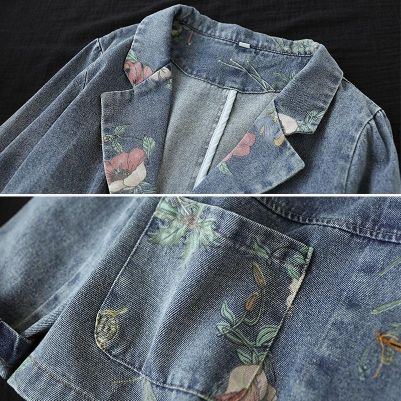 Vår Høst Retro Patchwork Floral Cotton Denim Dressjakke