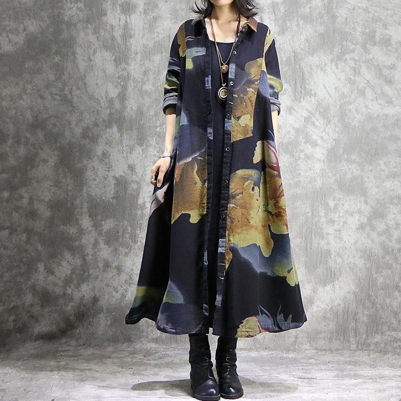 Vintage Cotton Lin Printed Loose Long Cardigan Frakk