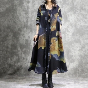 Vintage Cotton Lin Printed Loose Long Cardigan Frakk