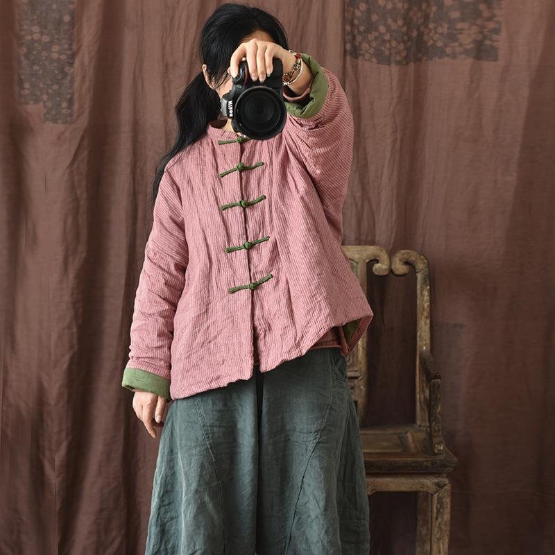 Winter Vintage Stripe Cotton Polstret Lin Frakk Frakk