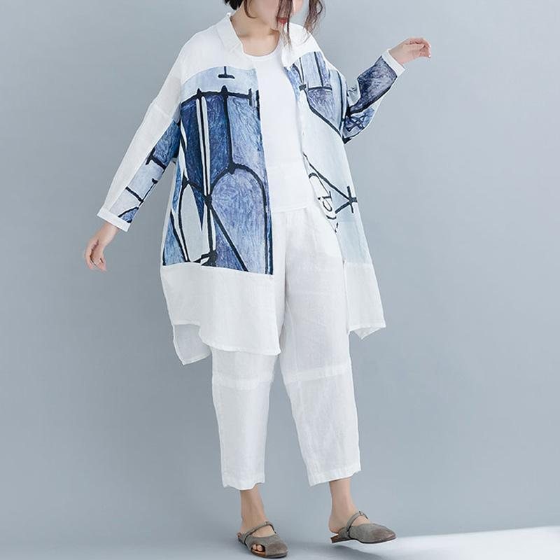 Årsak Høy Lav Paneled Lin Print Lommer Loose Shift Skjorte