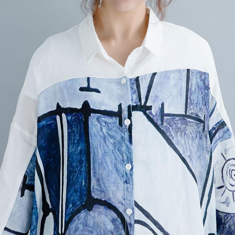 Årsak Høy Lav Paneled Lin Print Lommer Loose Shift Skjorte