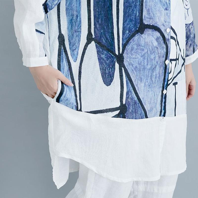 Årsak Høy Lav Paneled Lin Print Lommer Loose Shift Skjorte