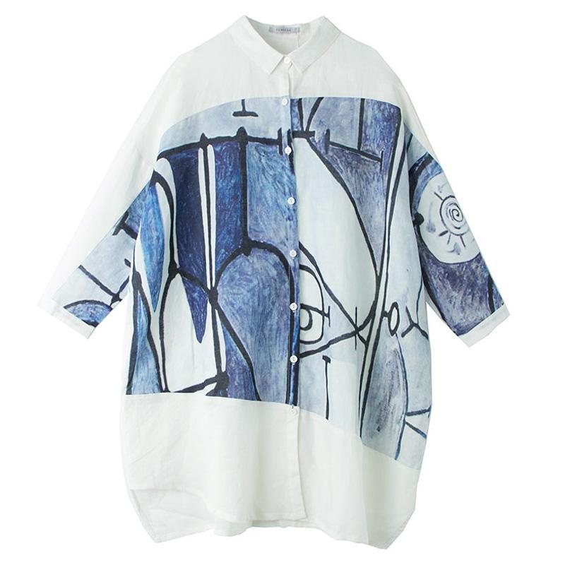 Årsak Høy Lav Paneled Lin Print Lommer Loose Shift Skjorte