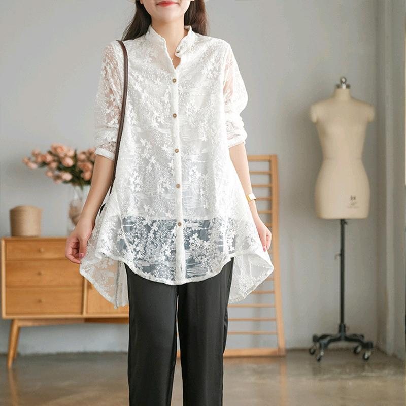 Blouse Blomsterbrodert Transparent Bomullsbluse