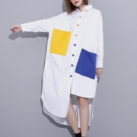 Color Block Asymmetrisk Pocket Slit Casual Skjorte