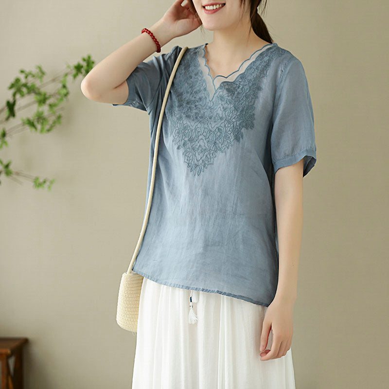 Dame Lin Summer Floral Brodery T-shirt