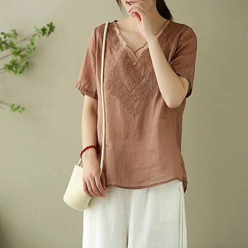 Dame Lin Summer Floral Brodery T-shirt