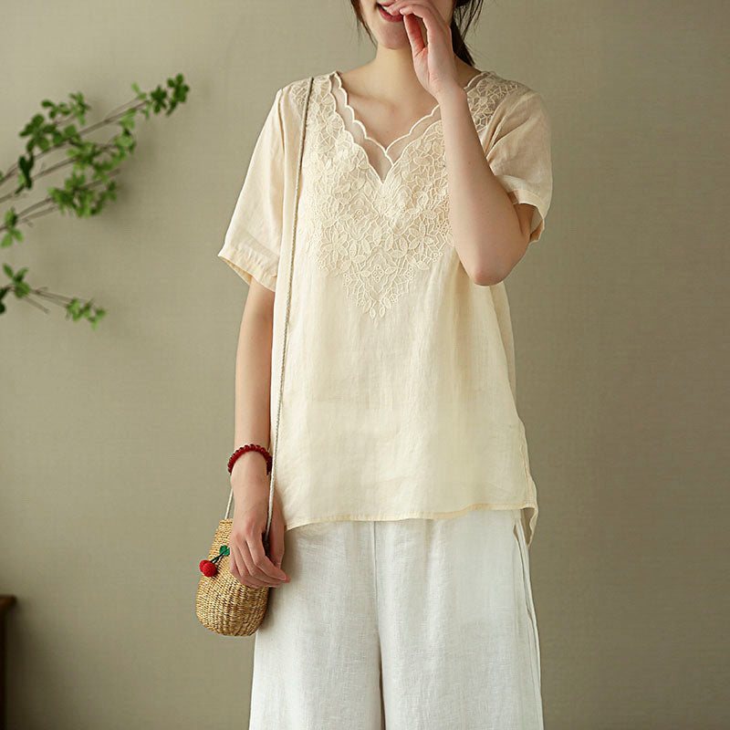 Dame Lin Summer Floral Brodery T-shirt