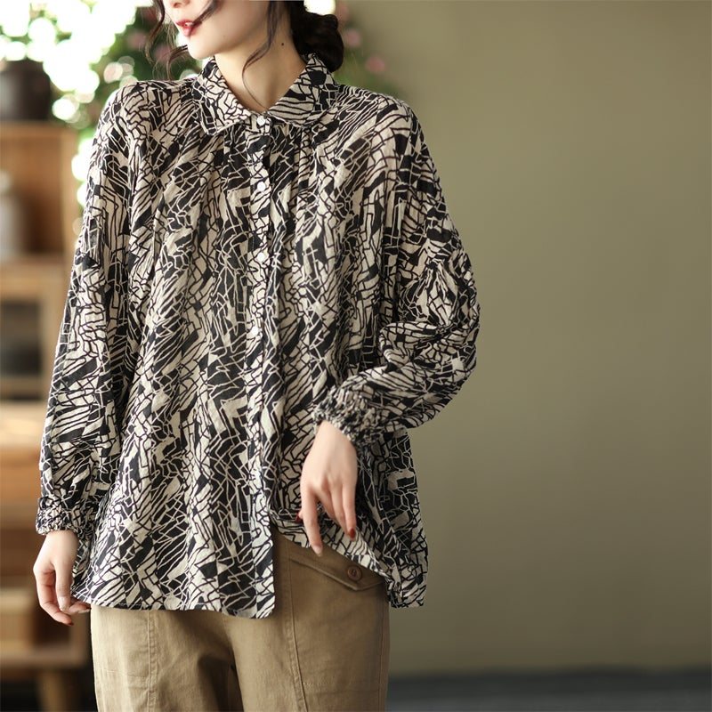 Dame Plus Size Retro Print Spring Bomull Lin Bluse