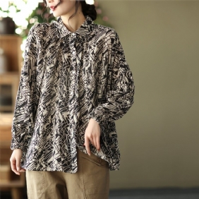 Dame Plus Size Retro Print Spring Bomull Lin Bluse