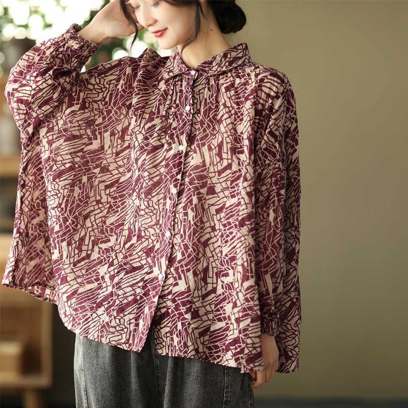 Dame Plus Size Retro Print Spring Bomull Lin Bluse