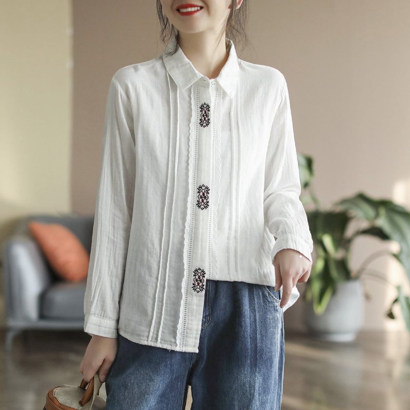 Dame Retro Brodery Spring Cotton Casual Bluse