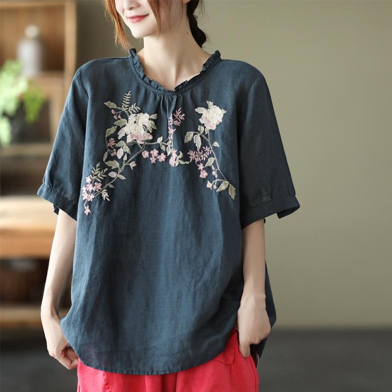 Dame Retro Floral Brodery Pullover Lin T-shirt