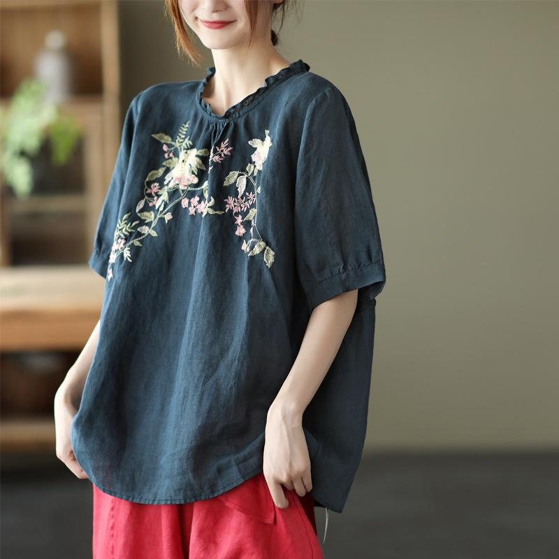 Dame Retro Floral Brodery Pullover Lin T-shirt