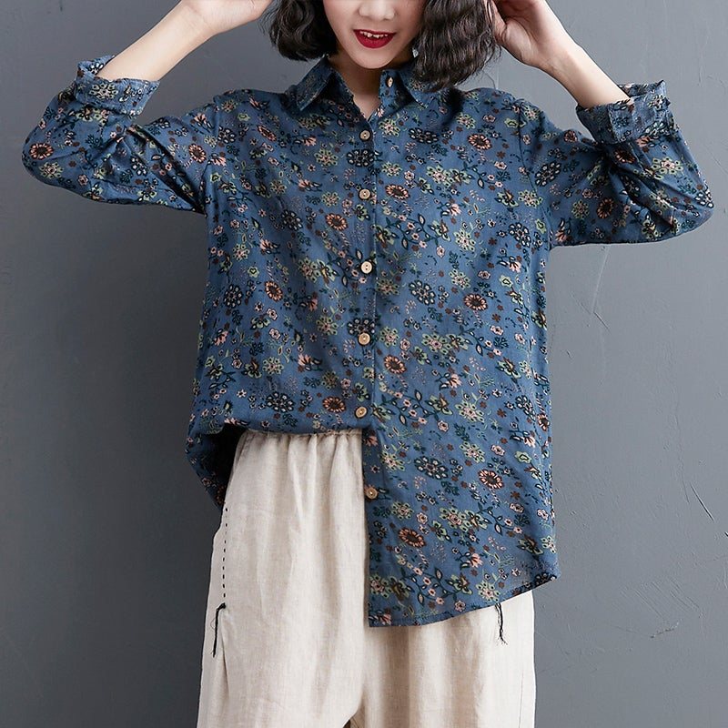 Dame Retro Floral Løs Polo Collar Bluse