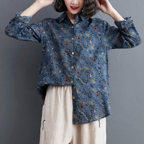 Dame Retro Floral Løs Polo Collar Bluse