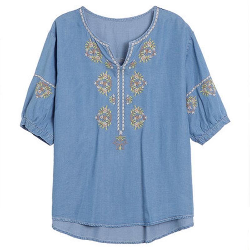 Dame Retro Loose Floral Brodery Tencel T-shirt