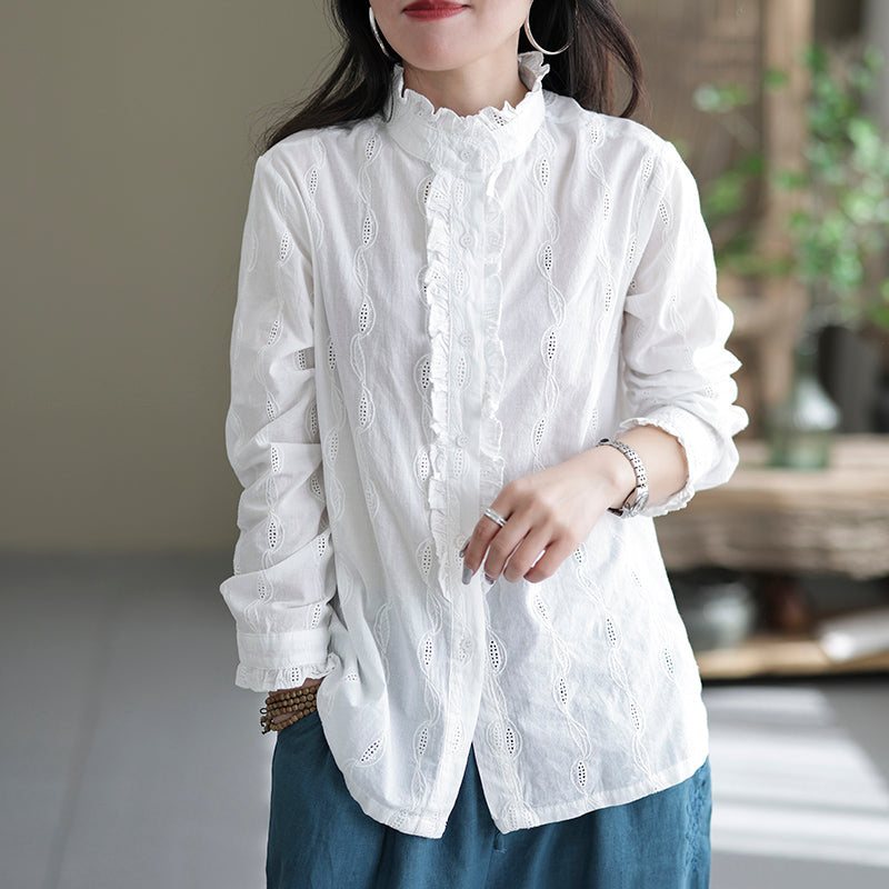 Dame Retro Ruffle Casual Cotton White Bluse