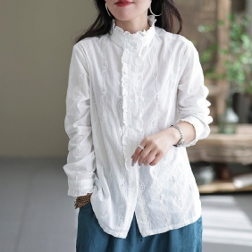 Dame Retro Ruffle Casual Cotton White Bluse