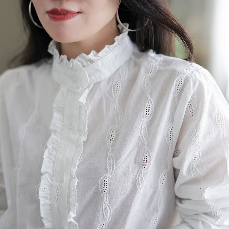 Dame Retro Ruffle Casual Cotton White Bluse