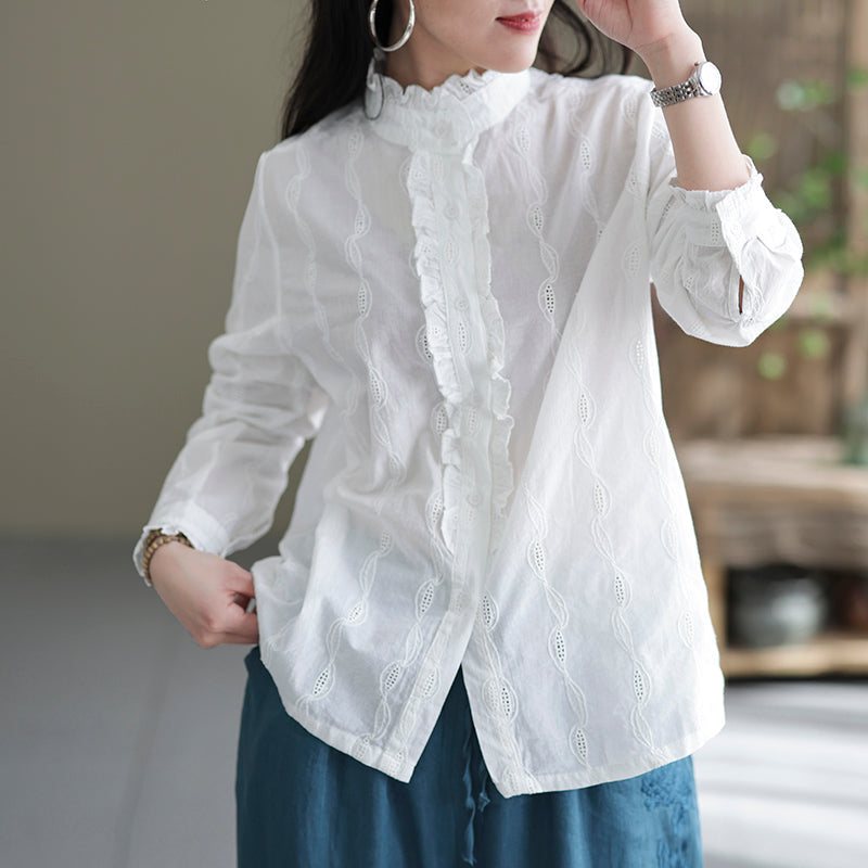 Dame Retro Ruffle Casual Cotton White Bluse